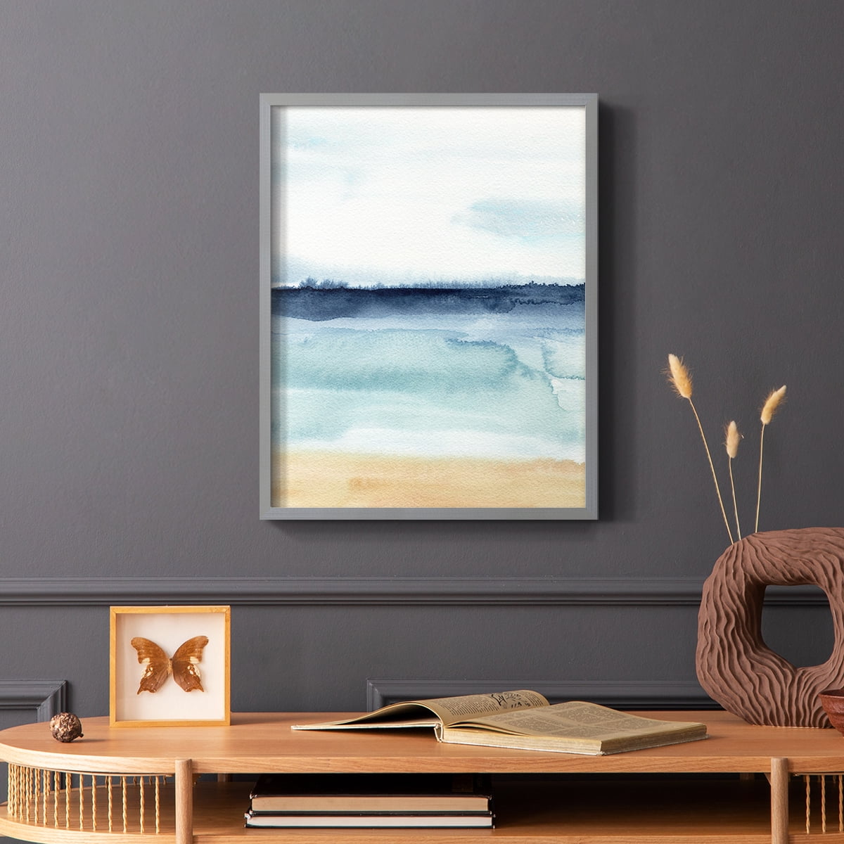 Watercolor Ocean Horizon I Framed Print in Gray Solid Wood 8 x 10 Framed Print