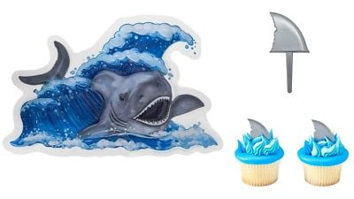Shark Head Kosher Cookies Cupcakes Baked Goods Fin For Cakes 24 pk Summer Ocean Edible Sugar Topper Decoration