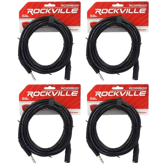 4 Rockville RCXMB20-B Black 20' Male REAN XLR to 1/4'' TRS Balanced Cables