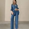 thumbnail image 4 of 2 Pcs/Set Fall Spring Women Shirt Pants Set Long Sleeves Stand Collar Button-down Blouse Elastic Waist Trousers OL Commuting Sport Pantsuit Outfit, 4 of 8