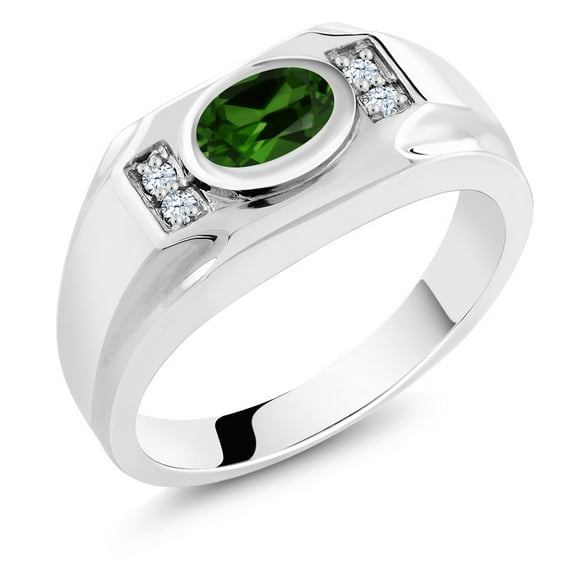 Gem Stone King Men's 925 Sterling Silver Green Simulated Emerald and White Created Sapphire Ring (2.26 Cttw, Gemstone Birthstone, Oval 8X6MM,, Size 7)