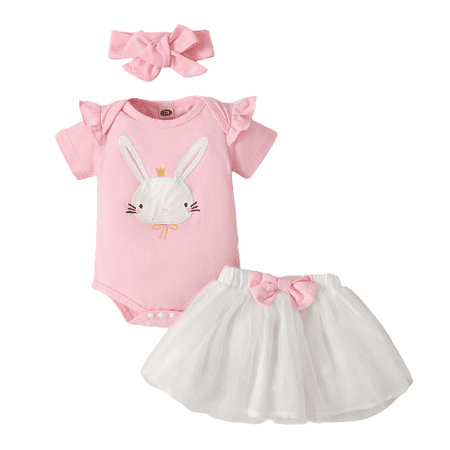

Mikrdoo Baby Girls Outfits Rabbit Ruffle Sleeve Summer Romper Gauze Skirts Headband 3Pcs Clothes Set Pink 12-18Months