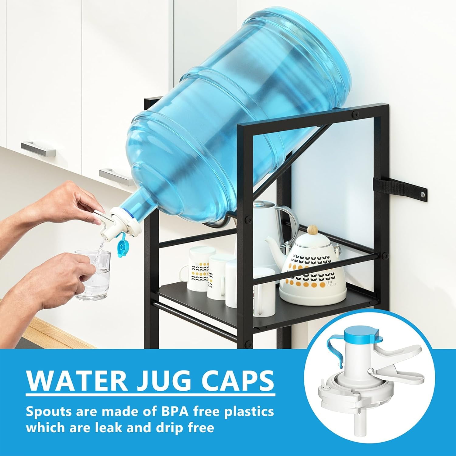 2-in-1 Blue 5-Gallon Water Jug Holder with 5-Tier Steel Storage Rack and Dispenser Valve