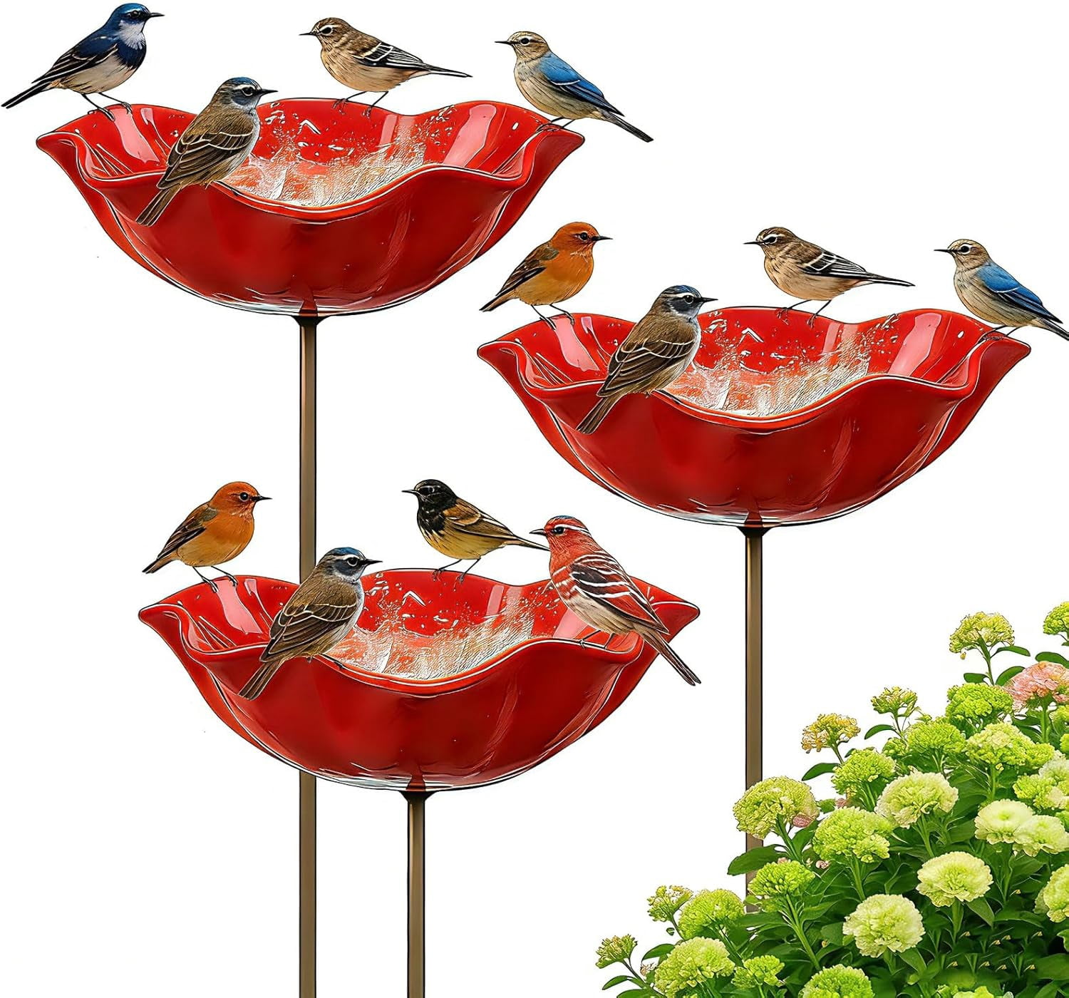 Handmade Metal Flower Garden Stake, 2 Pack Green Glass Bird Baths with Flower Design, Decorative Outdoor Bird and Bee Watering Station for Yard, Patio & Lawn, Attract Hummingbirds & Wild Birds & Bee