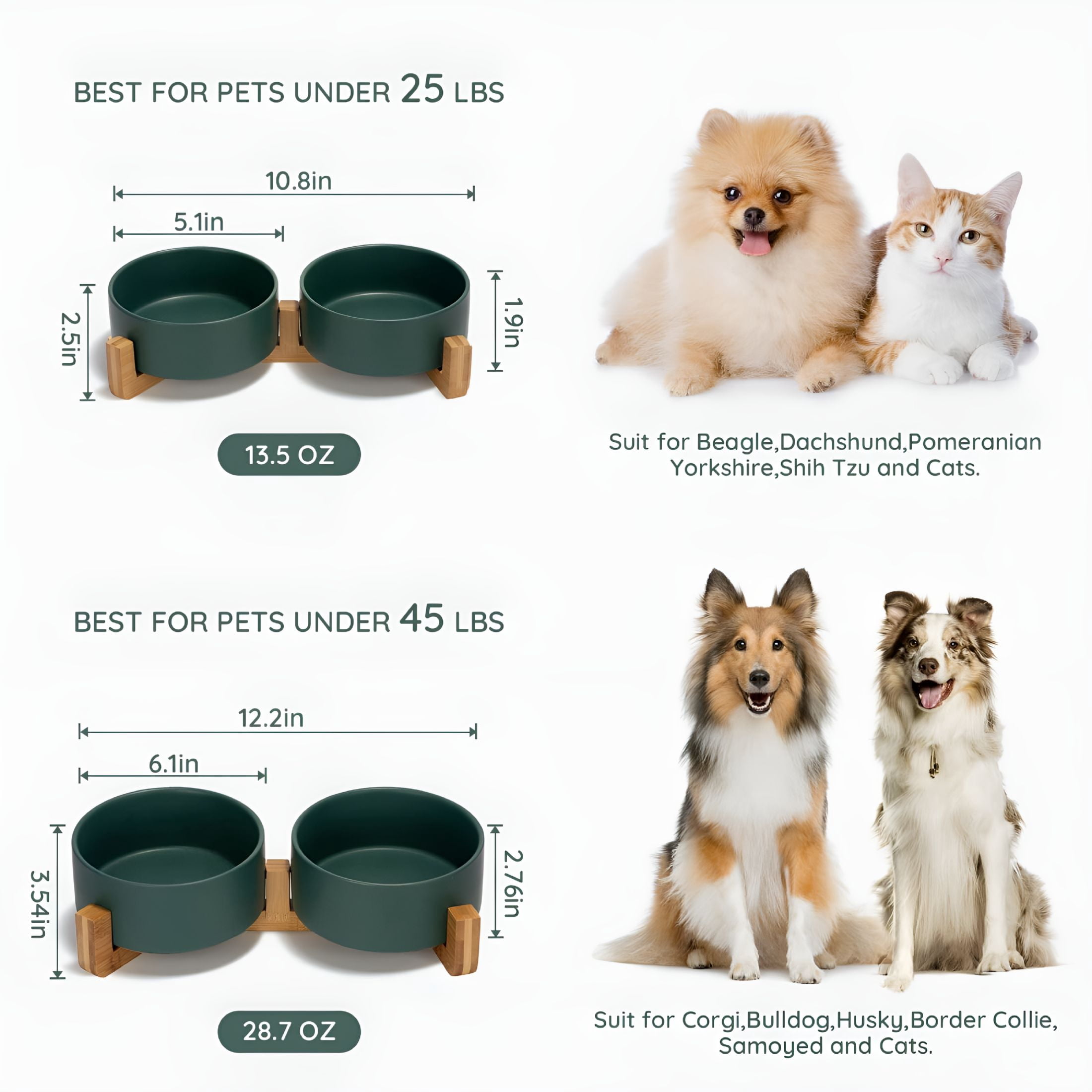 ACDANC 2026 New Ceramic Dog and Cat Bowl with Wood Stand Non-Slip Matte Glaze Weighted Food Water Set for Cats & Small Dogs 13.5Oz