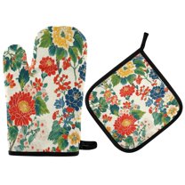 Yayeee Oven Mitts and Pot Holder Set of 2 Heat Resistant Kitchen Gloves Baking Hot Pad, Colorful Flowers Pattern