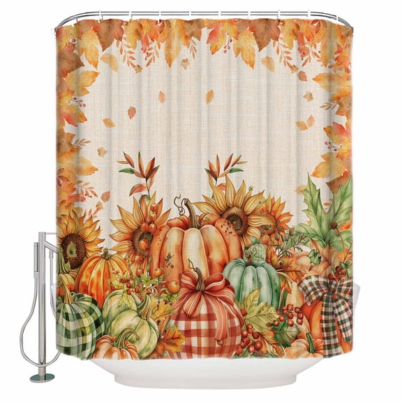 Extra Long Shower Curtain 72x84 Inch, Orange Pumpkins Fall Thanksgiving Shower Curtain Waterproof Bathroom Decor Maple Leaf Rustic Fabric Bath Curtain Set Accessories with Hooks