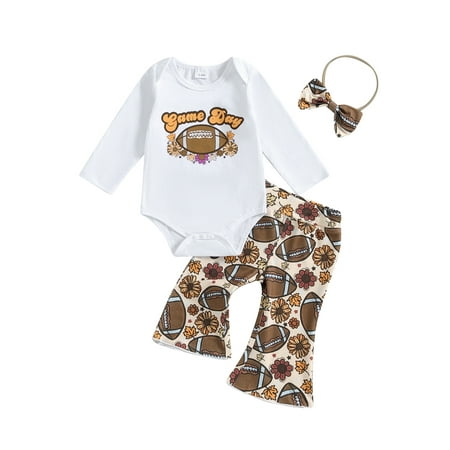 

ZINTAOZT Newborn Baby Girls Football Outfits Rugby Letter Long Sleeve Romper Flared Pants Headband Set Fall Clothes