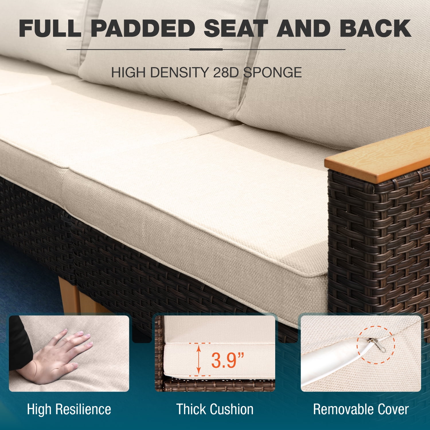 MF Studio 8 Piece Outdoor Patio Furniture Set with 45-inch 50,000 BTU Fire Pit Table Patio Conversation Set with Beige Cushions