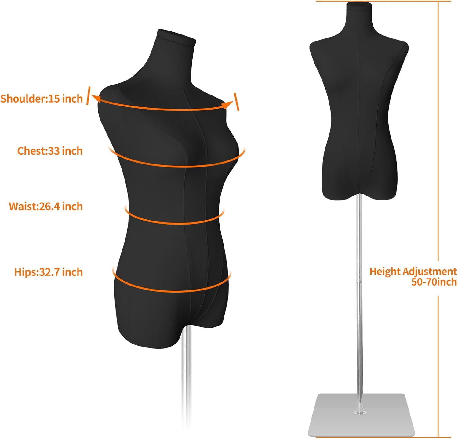 FreeLung Female Mannequin Torso Women Dress Forms, Adjustable Height 50”-70”, Black