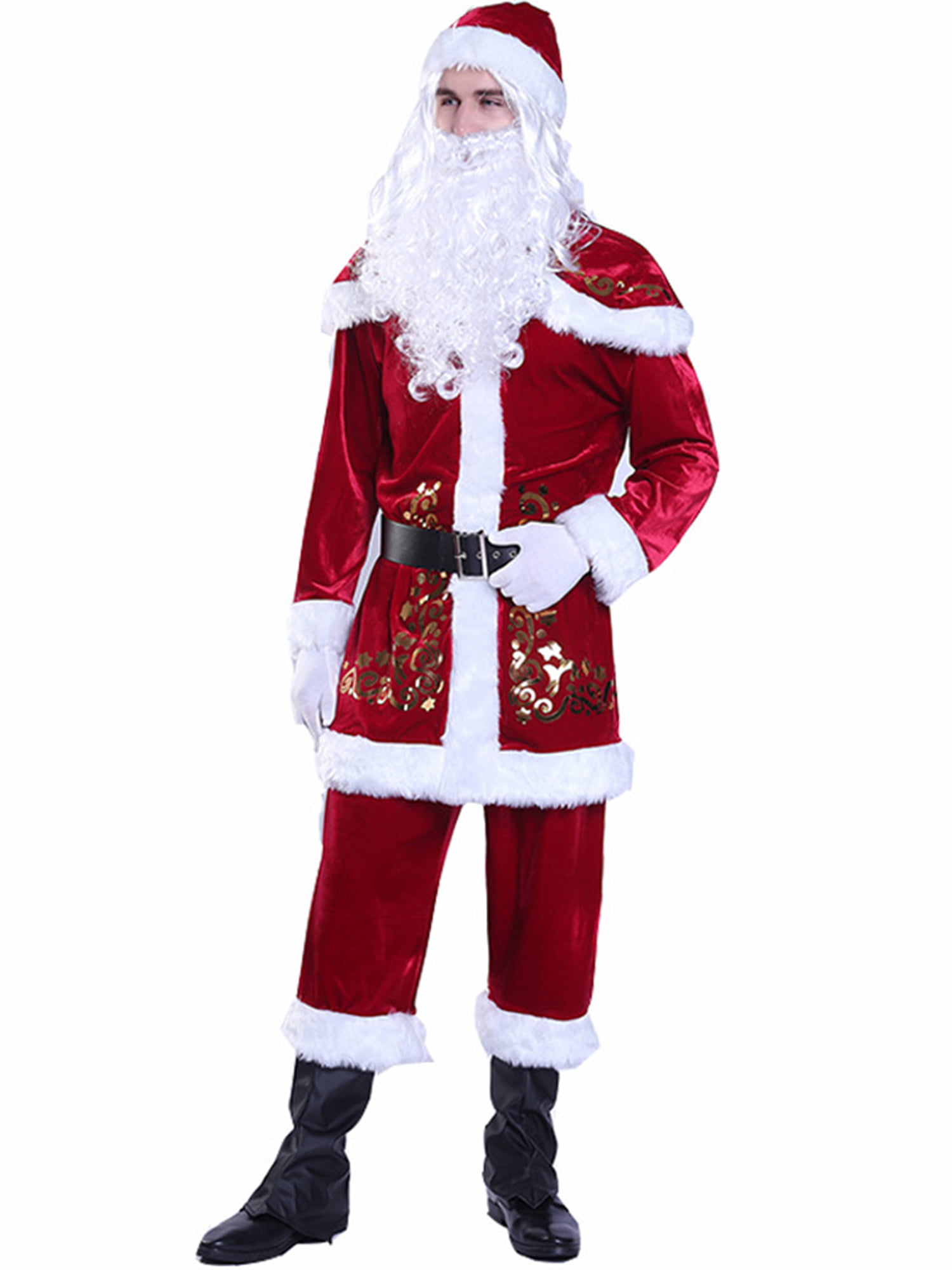HITASION Men’s Christmas Elf Costume Deluxe Santa Suit Adult Costumes Holiday Halloween Cosplay Set 6 Pcs Coat Hat Pants Belt