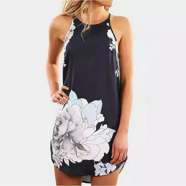 SMihono Robe d'Été pour Femmes Grande Taille Robe d'Été Sans Manches à Fleurs Décontractée à Bretelles Imprimé Mini Robe