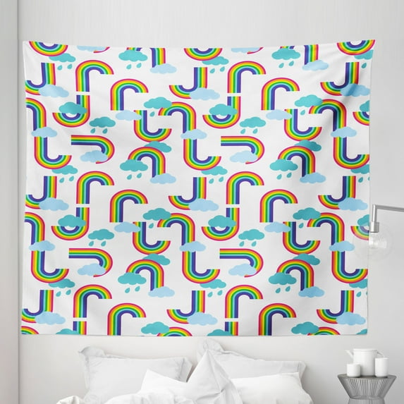 Cartoon Tapestry, Repeating Themed Pattern of Rainbows and Clouds Sky Elements, Fabric Wall Hanging Decor for Bedroom Living Room Dorm, 5 Sizes, Off White and Multicolor, by Ambesonne
