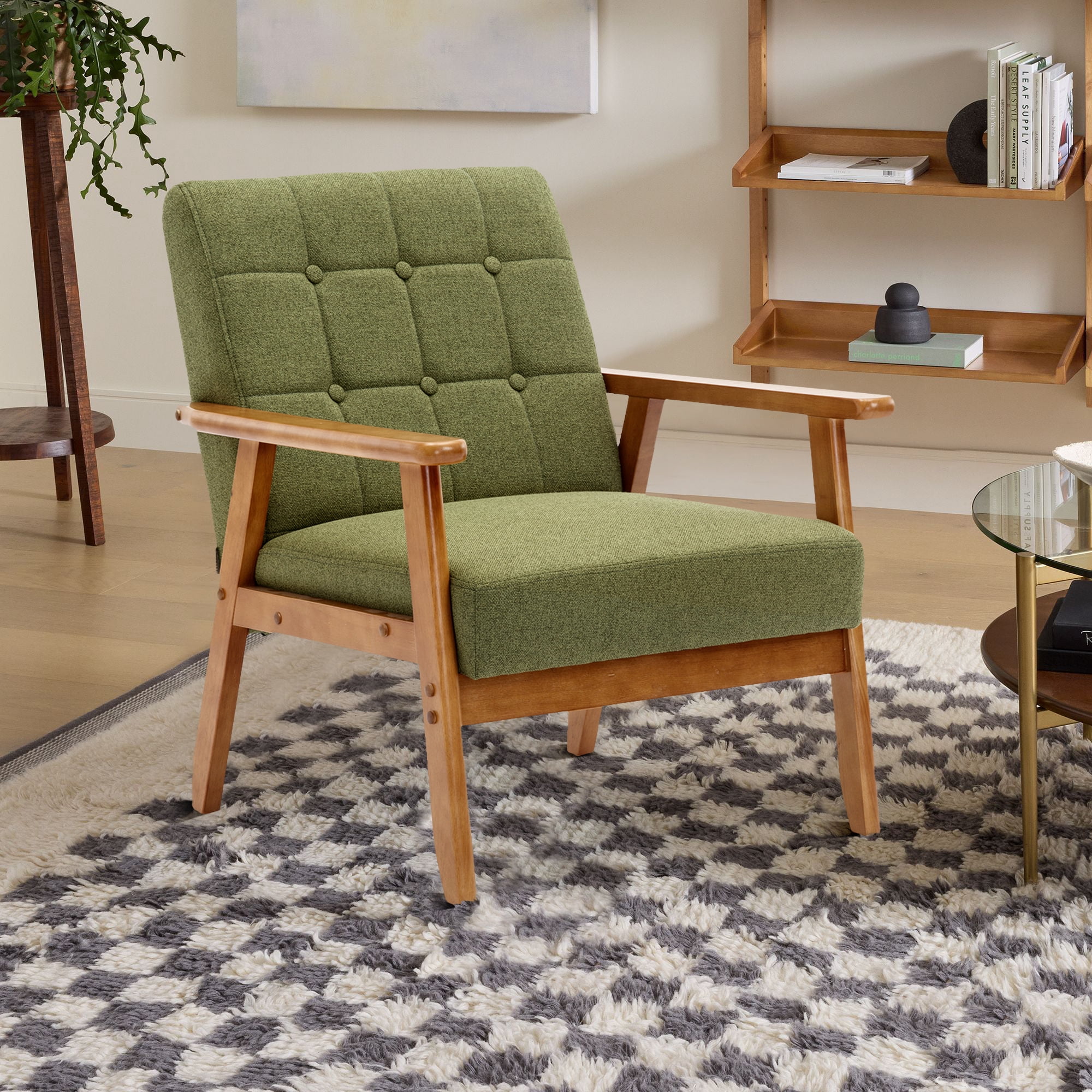 Miniyam Mid Century Modern Accent Chair with Wood Frame,Linen Fabric Single Reading Chair,Armchair for Living Room Bedroom Home Belcony Office,Green