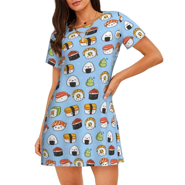 Disketp Kawaii Sushi (2) para Camisón Corto de Manga Corta para Mujeres, Camisón Cómodo con Escote Redondo, Bonito y Confortable