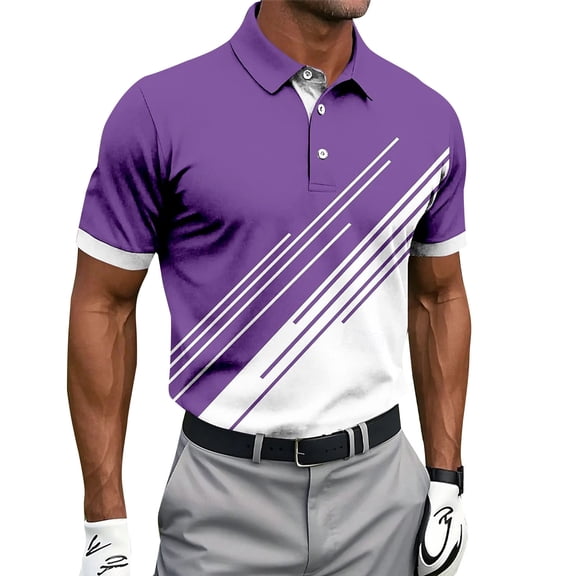 Stamzod Golf Shirts for Men Summer Patchwork Turndown Short Sleeve Pullover Tops Oversized Casual Workout Shirt for Men Purple XXX