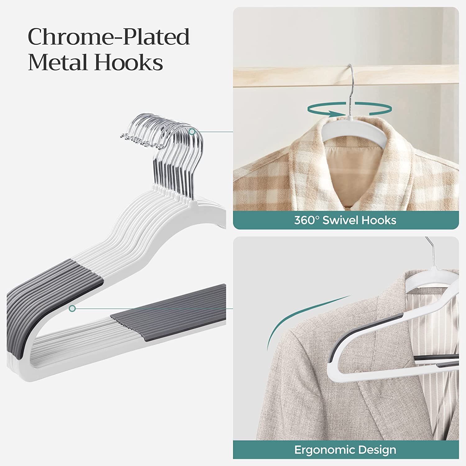 SONGMICS 50 Pack Clothes Hangers Plastic Coat Hangers Space-Saving 360° Swivel Hook Cloud White and Dark Gray