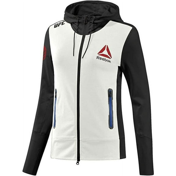 Reebok Women Ronda Rousey UFC Walkout Full Zip Hoodie Jacket, White/Black, Large