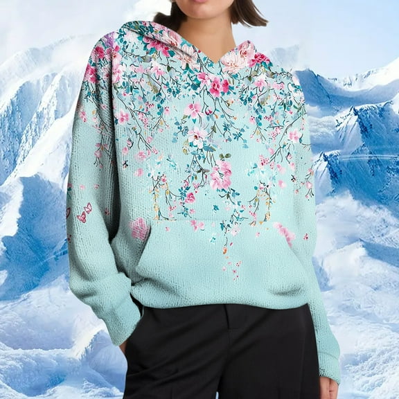 EchfiProm Sweatshirt for Womens with Pockets Hooded Blue Hoodies Floral Pullover Soft Ladies Sweater Long Sleeve
