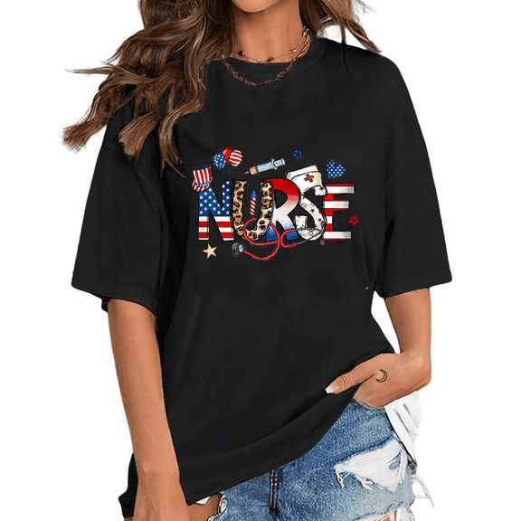 4th of July Nurse Graphic T Shirt Nursing School Tee Short Sleeve Cotton Tops Black,L