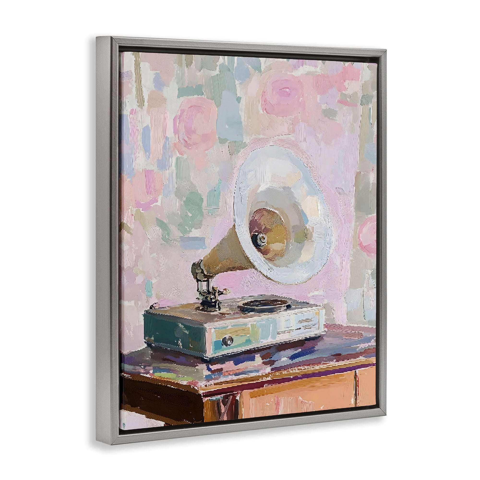 Stupell Industries Vintage Gramophone in Soft Pastels Gray Framed Floater Canvas Wall Art, design by The Prints Vibe