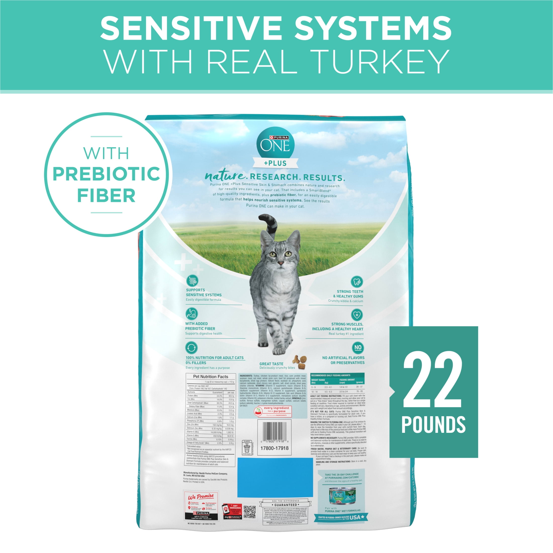 Purina ONE Plus Dry Cat Food Sensitive Skin & Stomach, Natural Turkey, 22 lb Bag