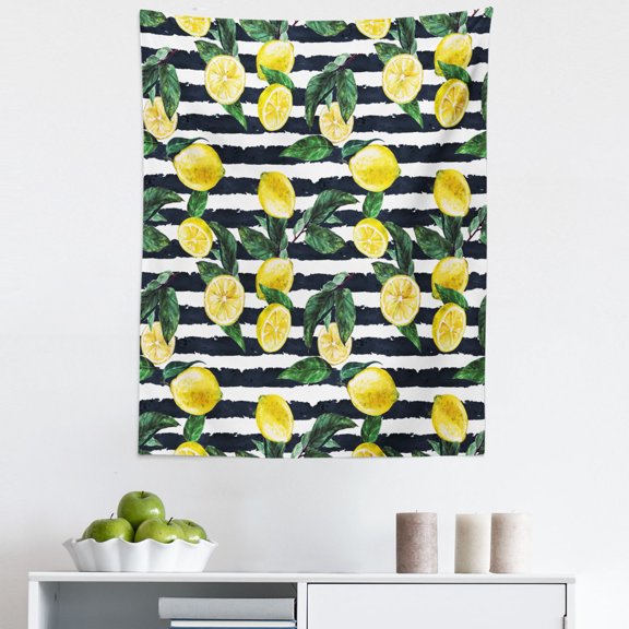 Modern Tapestry, Refreshing Lemons on Horizontal Striped Background Exotic Art, Fabric Wall Hanging Decor for Bedroom Living Room Dorm, 5 Sizes, Hunter Green Indigo, by Ambesonne
