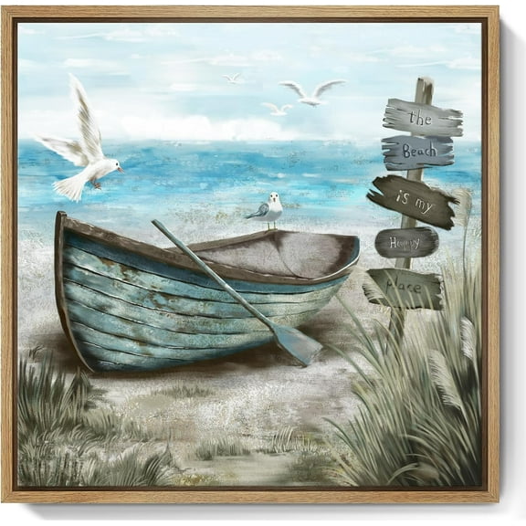 CDDposter Framed Wall Art Beach Décor Ocean Canvas Picture Coastal Artwork Sea Bird Boat Blue Tan Small Rustic Beachy Canvas Print for Bathroom Bedroom Living Room