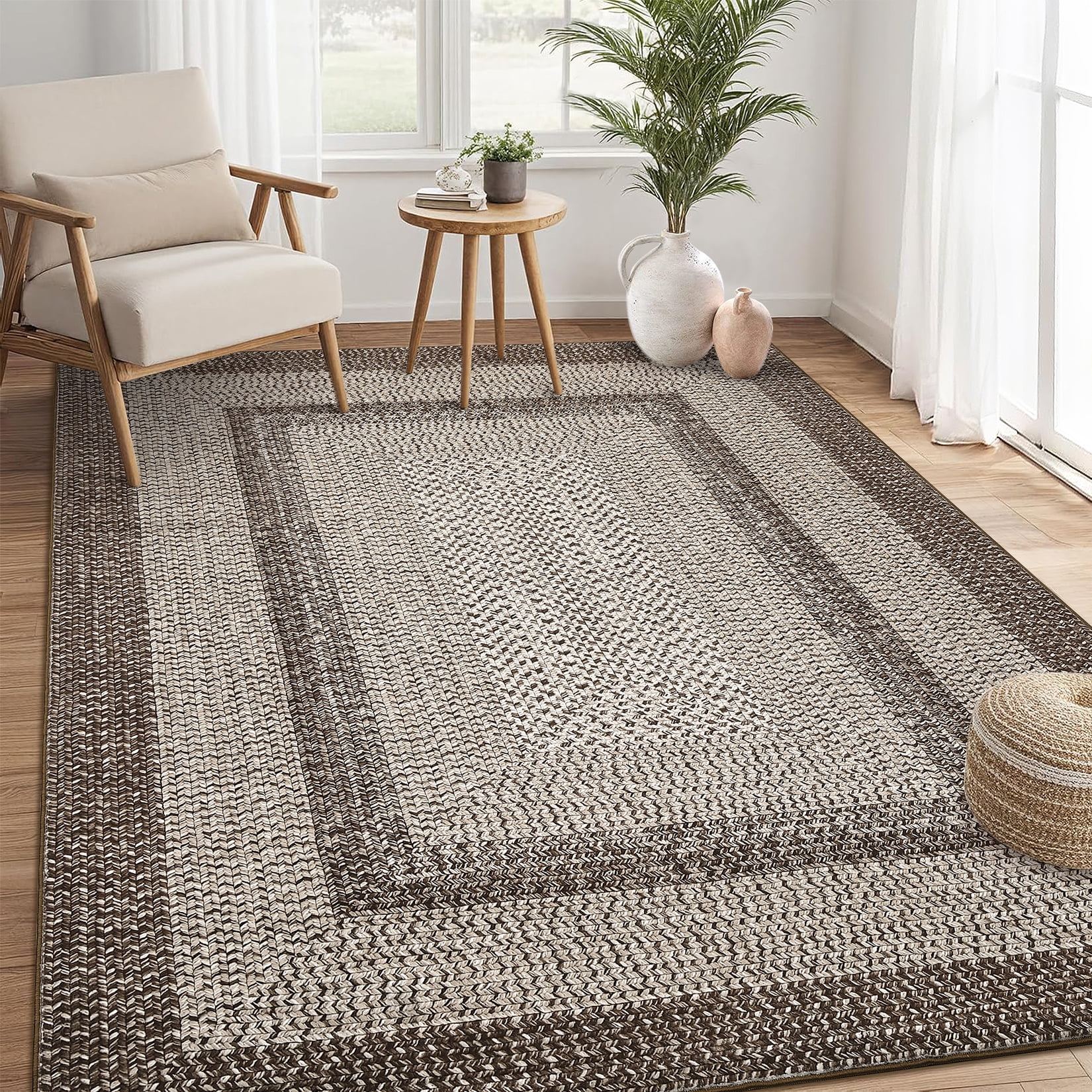 Garvee 6'x9' Printed Braided Rugs Farmhouse Bordered Carpet, Machine Washable Indoor Area Rug Non-Slip Low Pile Rugs for Living Room Bedroom Home Decor, Camel