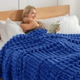 thumbnail image 3 of Exclusivo Mezcla Queen Size Flannel Fleece Blanket, Super Soft 3D Striped Jacquard Blanket for Bed, Lightweight Fuzzy Cozy Blankets, Cobalt Blue, 90"x90", 3 of 7