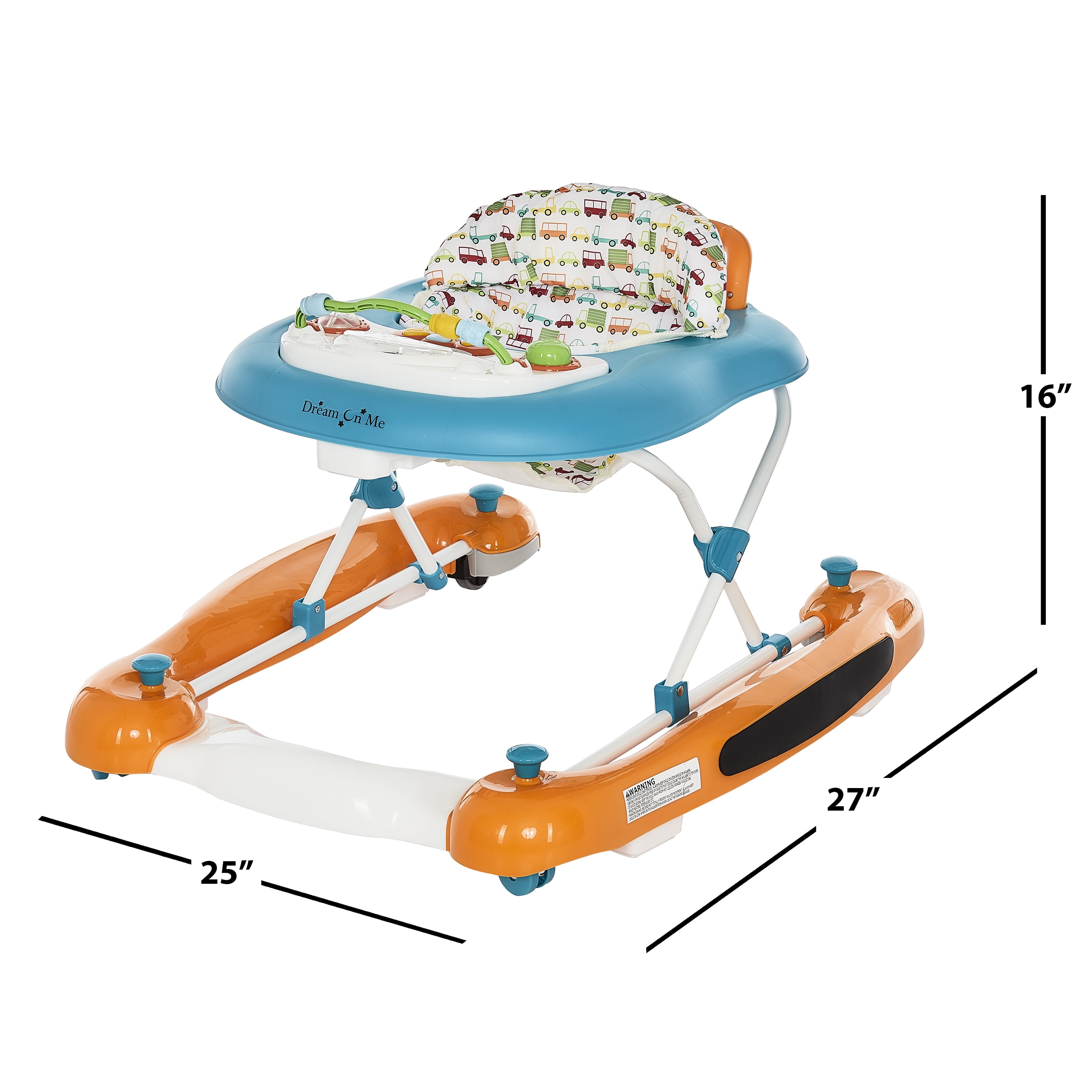 Dream On Me Go-Getter Baby Walker and Walk Behind Walker, Adjustable Seat Height, Comfortable Padded Seat, Easy to Fold, Pack and Store, Detachable Fun Tray, Orange Walker Orange
