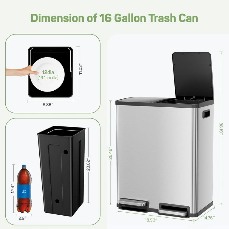 Dual Bin Trash Can 16 Gallon Stainless Steel photo 6