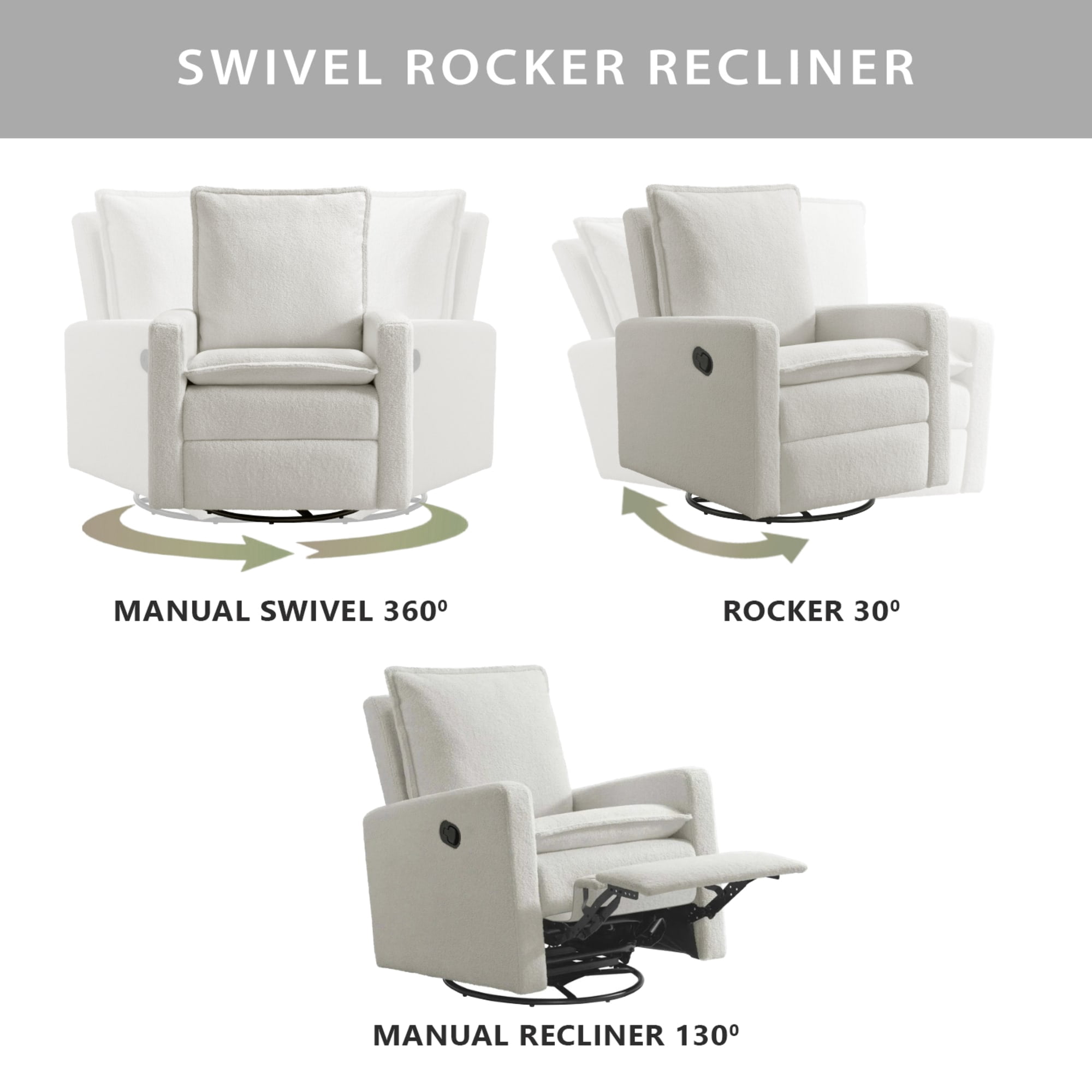 Soho Baby Coventry Upholstered Glider Recliner Rocking Chair 360° Swivel for Nursery and Living Room – Boucle White​