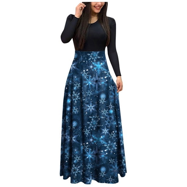 Vestido de manga larga para mujer Vestido largo de cintura alta con estampado de cuello redondo de Navidad Vestido de noche de fiesta informal Fridja nbo1864
