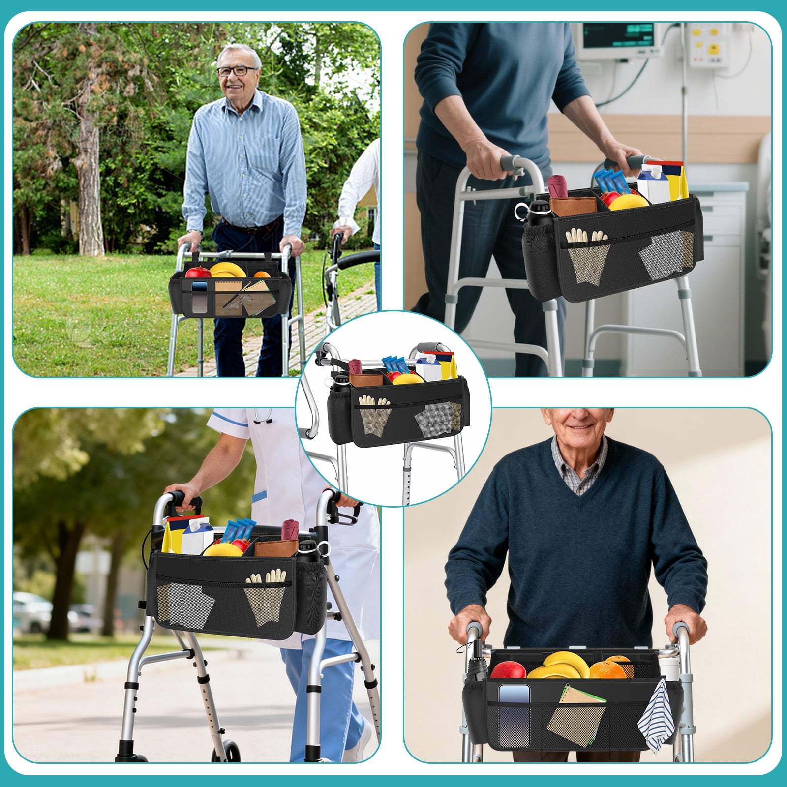 Upgrade Walker Basket with Cup Holder Foldable Walker Storage Bag for Seniors with Big Capacity & Never Tipping Over