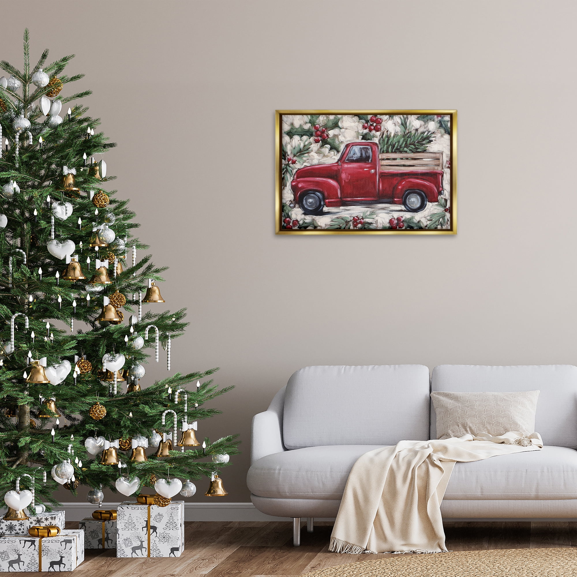 Stupell Industries Pickup & Festive Holly Holiday Painting Gold Floater Framed Art Print Wall Art, 31 x 21