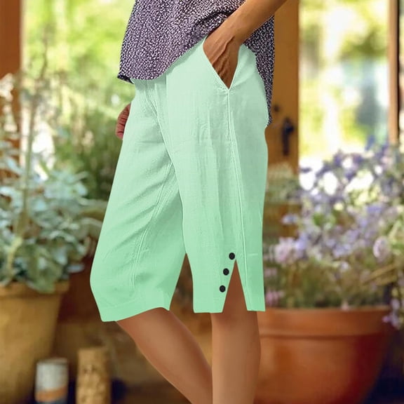 Gamivast Linen Capri Shorts for Women Gradient Drawstring Elastic Waist Breathable Pants with Flap Pockets for Weekend Lounge Beach Trips Relaxed Summer Wear
