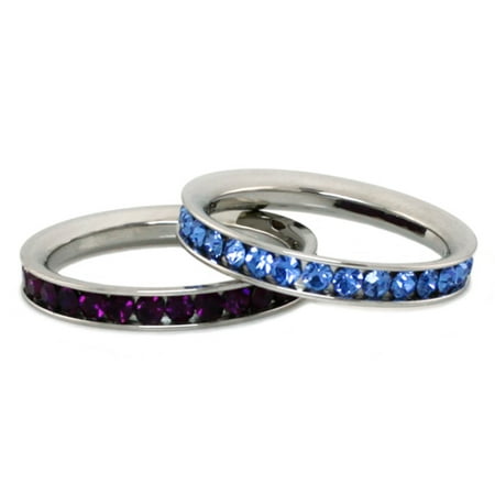 Stainless Steel Eternity 3 mm Blue Sapphire & Amethyst Color Crystal Stackable Rings (2 pieces) Set