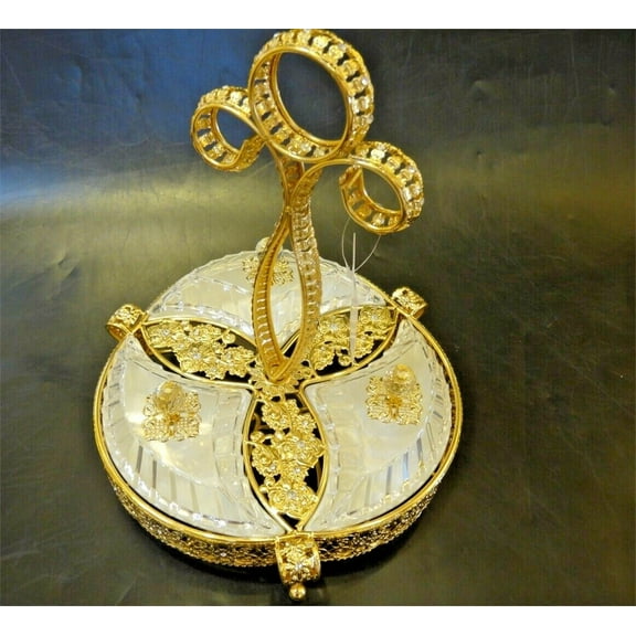 Sectional Serving Tray w/ 3 Snack Dish Dip Bowls - Filigree Dessert Platter Gold