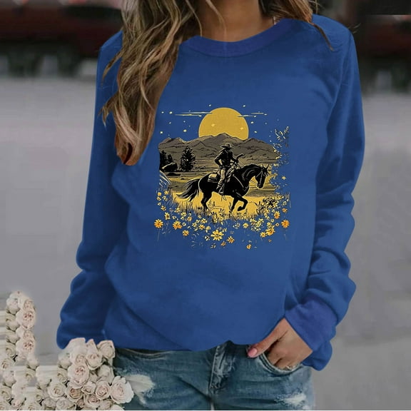GSPCLAM Womens Crewneck Sweatshirts Loose Fit Fall&Winter Casual Warm Long Sleeve Tops Graphic Sweatshirt for Women Comfy Fashion Clothing Blue XXL