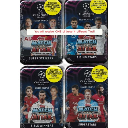 - 2018 2019 Topps UEFA Champions League Match Attax Card Game MEGA Collectors Tin with 60 Cards including a Limited Edition SUPER SQUAD Card and 15 EXCLUSIVE Insert Cards