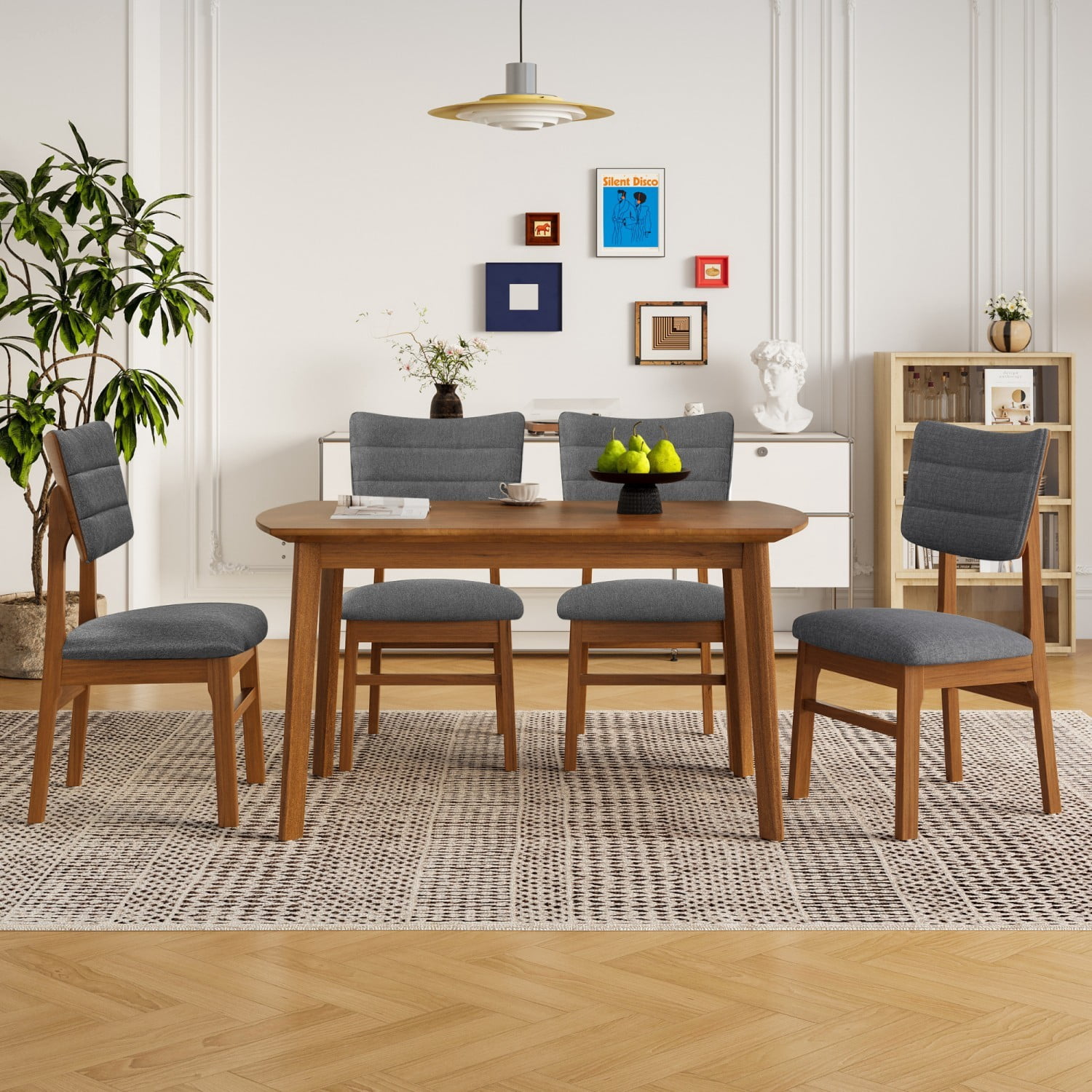 Farmhouse Dining Table Set for 4, Wood Kitchen Table with Upholstered Chairs, Rubberwood Frame, Padded Seats & Curved Backrests, Space-Saving Dinette Set for Dining Room, Brown & Gray