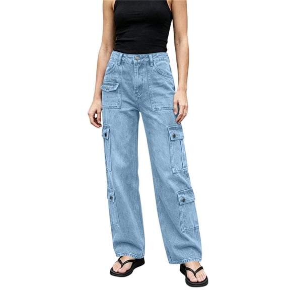 Ruimatai Women's High Waist Cargo Wide Leg Jeans Button Pocket Loose Full Length Vintage Denim Trousers