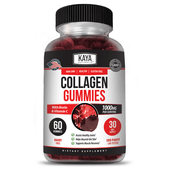 Kaya Naturals Collagen Gummies for Men & Women Supplement | Nature Made Gummies - 1000mg of Hydrolyzed Collagen, Vitamin C, Selenium & Biotin, Strawberry Flavor - 60 Count Gummies