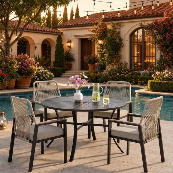 Sophia & William 5-Piece Outdoor Patio Dining Set Metal Rattan Chairs and Steel Round Table
