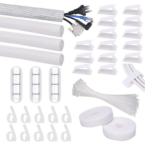 Kit de gestión de cables, 4 fundas para cables, 3 clips organizadores de cables para escritorio, 10+2 clips organizadores de cables de extensión, 15 clips adhesivos para cables, bridas para cables