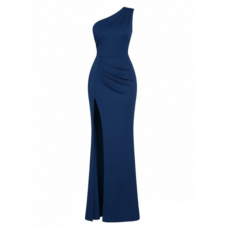 formal one piece dress for women QUNYINEY Blue Wedding Guest Shoulder Long Sleeveless Bodycon Dresses Ruched Slim Fit with Slit Dresses elegant kids