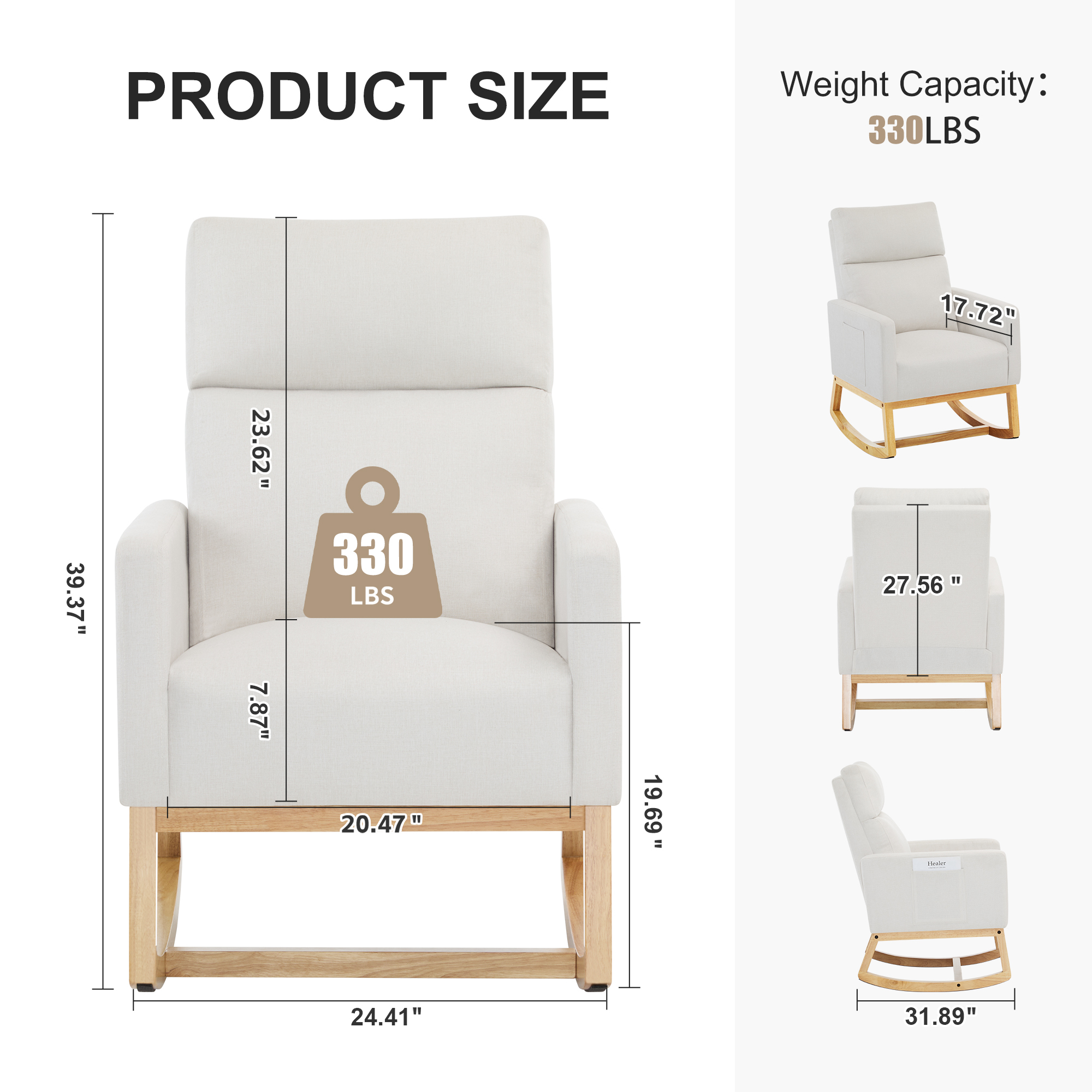 SAETSFEG Rocking Chair Nursery,Linen Upholstered Glider Rocker with Side Pocket and Wood Legs, Modern Accent Chair for Small Space, Living Room, Bedroom, Ivory
