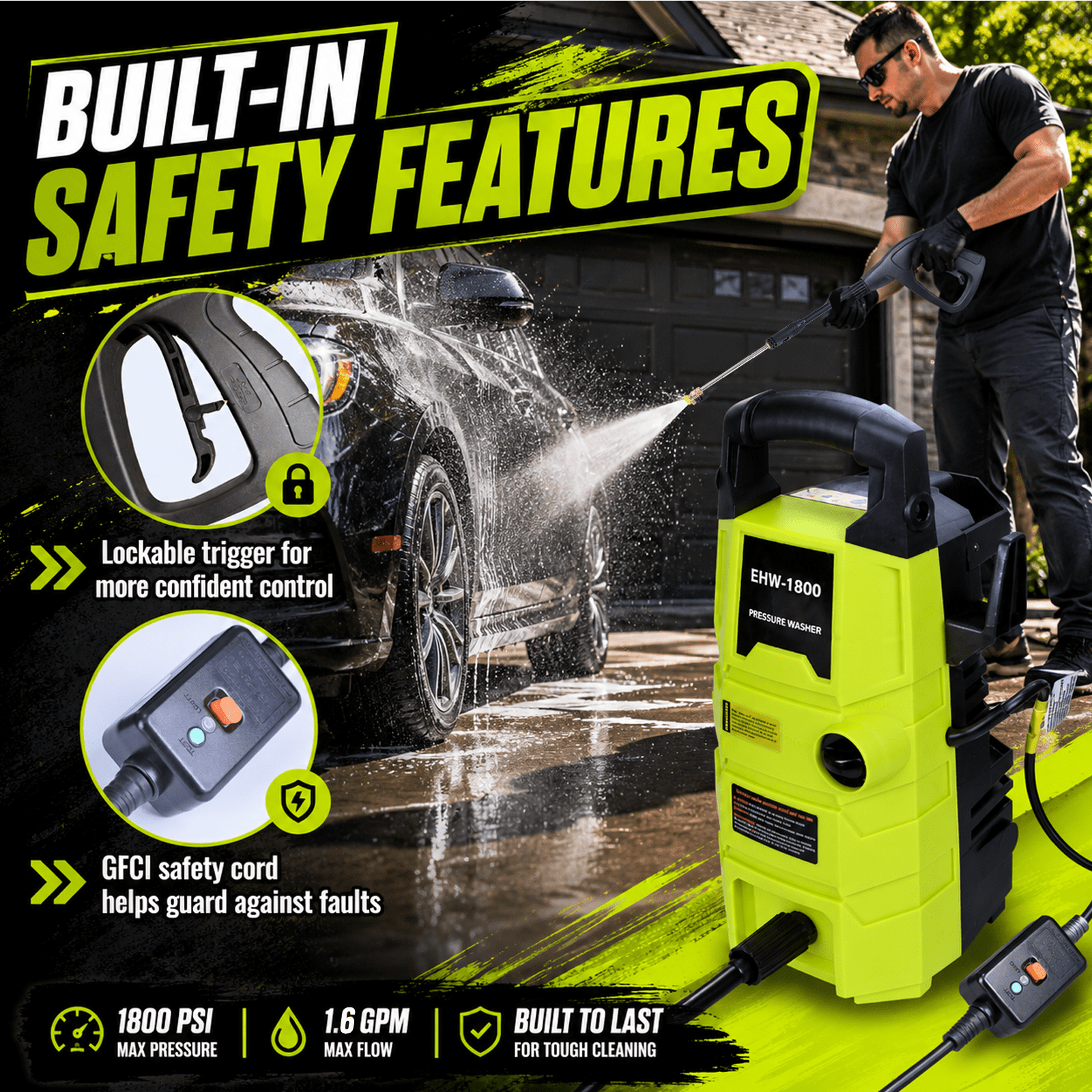 sunorchid 1800 PSI 1.6 GPM Electric Powered Pressure Washer 120V, with Hose & Adjustable Nozzles for Car/Fences Driveways/Home/Patios