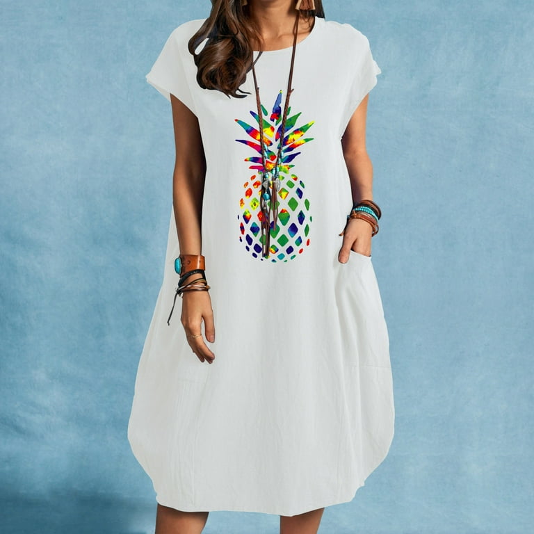 OAVQHLG3B Pineapple Pocket Crewneck Dress for Women Straight Short Sleeve Midi  Dresses Beach Dress Summer Women Vestidos Vestir - Walmart.com